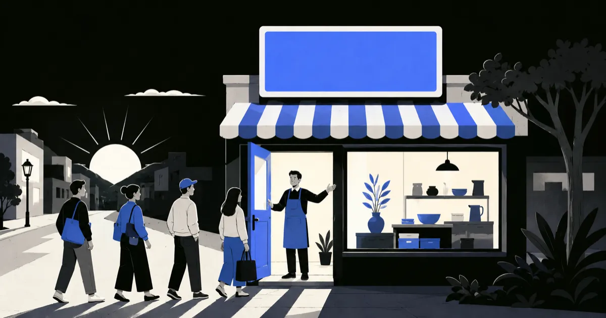 Ilustração editorial de clientes chegando a uma loja, com uma pessoa recebendo na porta e detalhes azuis.