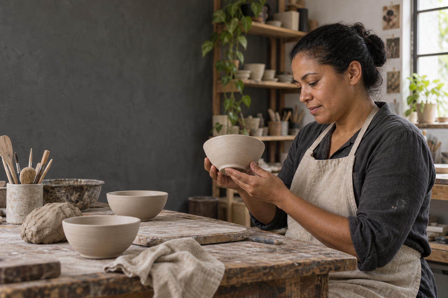 Cena gerada por IA de uma artesã examinando uma tigela de cerâmica em um ateliê com luz natural.